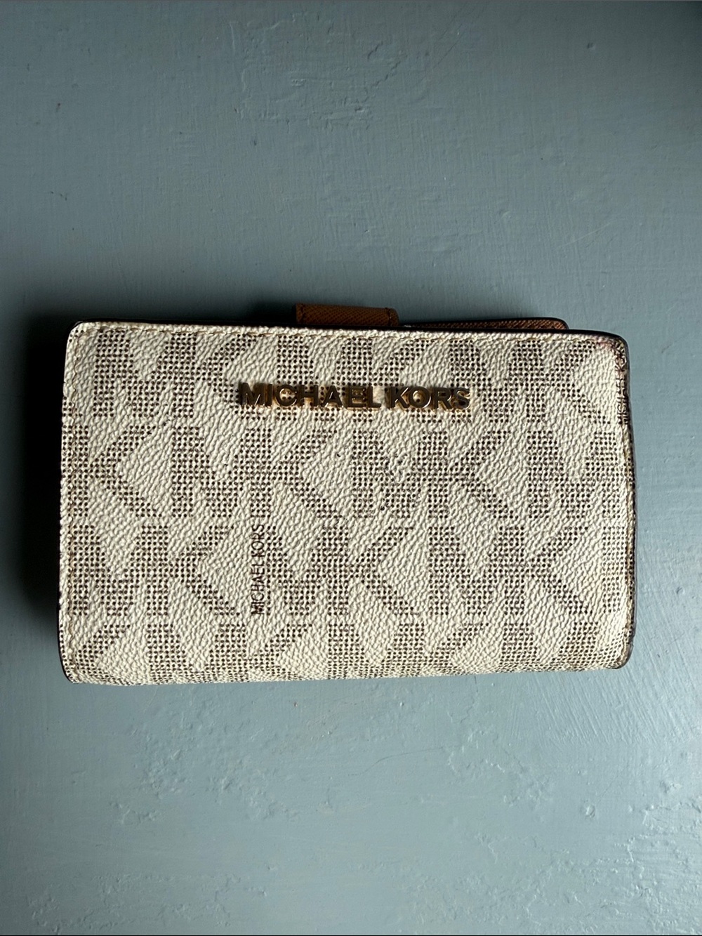 Michael Kors Beige Logo Bifold Wallet with Gold Hardware